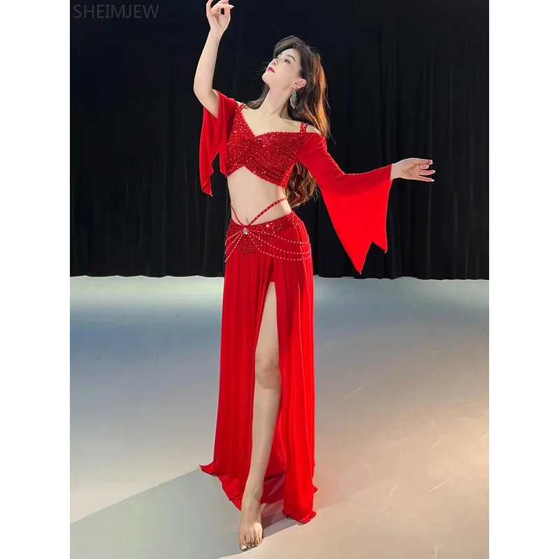 جديد مطرزة شبكة ملابس رقص البطن للنساء طويلة الأكمام أعلى + شاش تنورة طويلة 2 قطعة مجموعة التدريب الرقص الشرقي المرحلة Outfi & J1