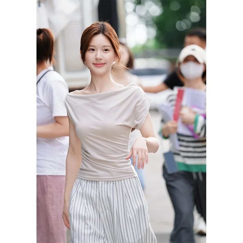 

Весенняя футболка с закругленным боковым воротником и плиссированной талией, женская повседневная футболка с однотонным ворсом, бренд Selfwill