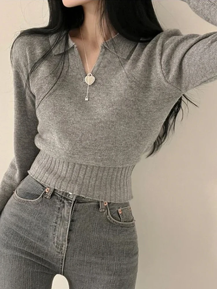 

Knitted Sweater Women Gray Cropped Pullover Female Korean Fashion Polo Collar Jumper Lady Casual Chic Long Sleeve Knitwear Top