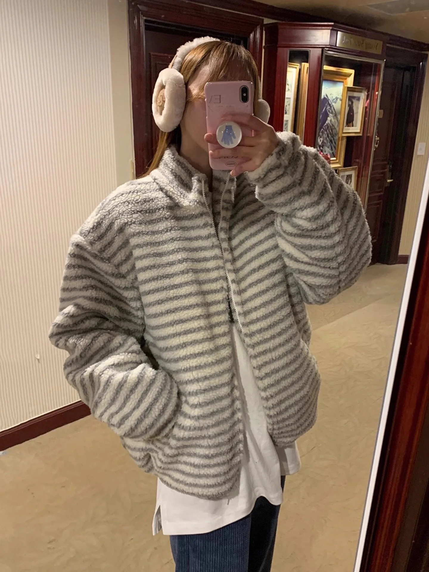 Senhoras thiened fce listra algodão jaet casaco de pele de cordeiro primavera outono inverno novo sle vintage quente commute sle ort casaco