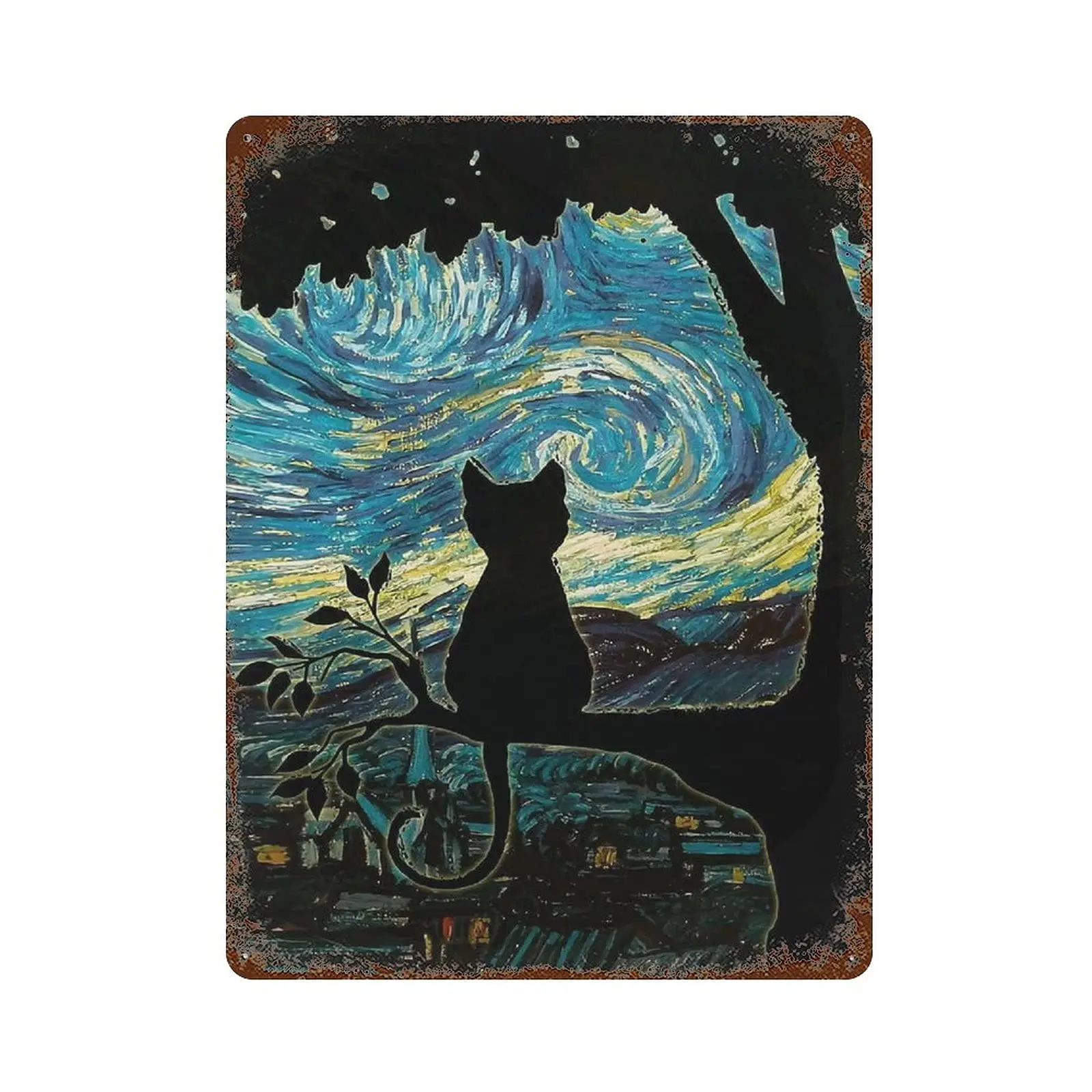 Dreacoss Metal tin Sign，Retro Style， Novelty Poster，Iron Painting，Cat Starry Night Cats Lover Home Decor Art Gift Wall Decor ，Wa