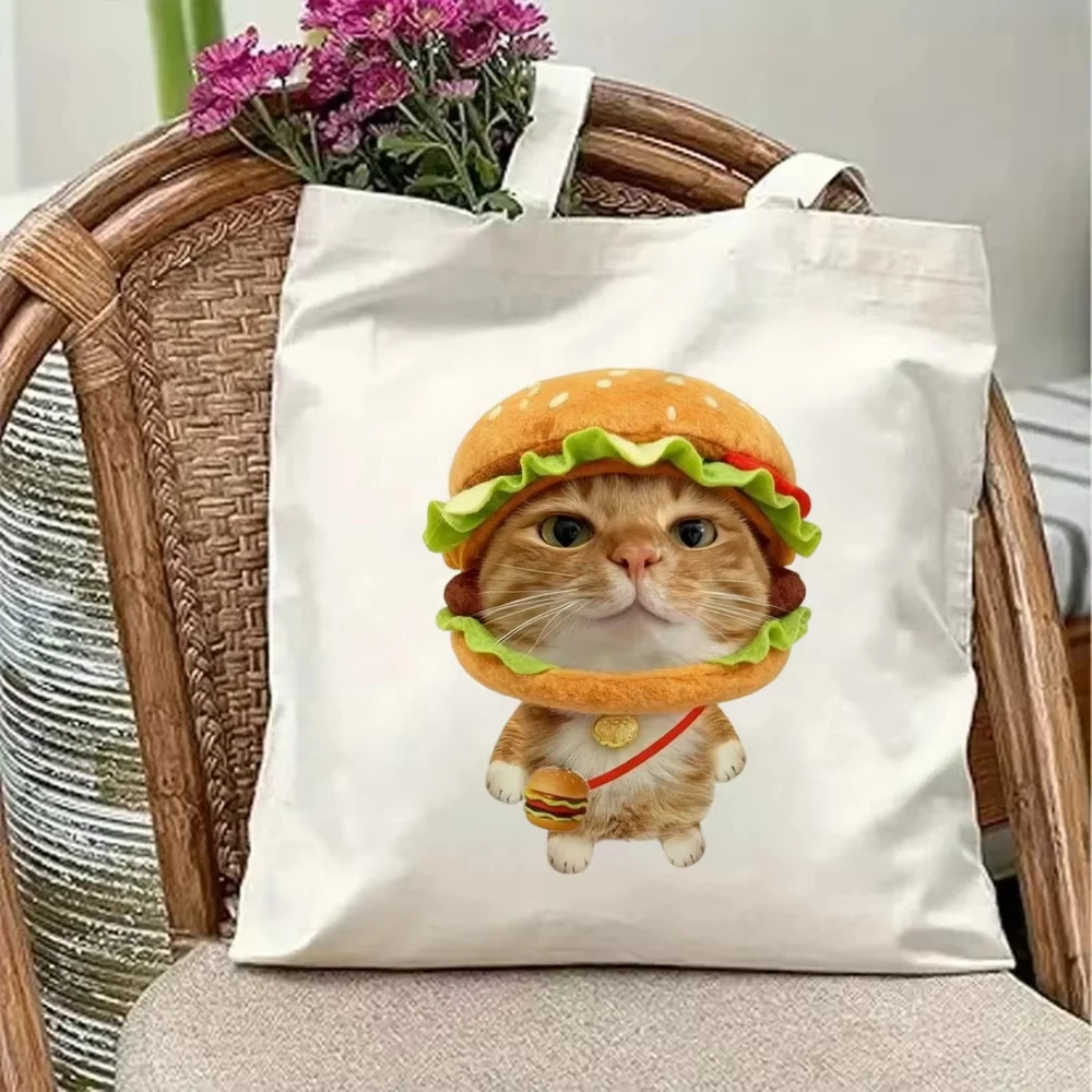 Funny Orange Cat Printed Canvas Tote Bag Strawberry Cake Kitten Women Shoulder Bag Eco Friendly Reusable Shopping Handbag