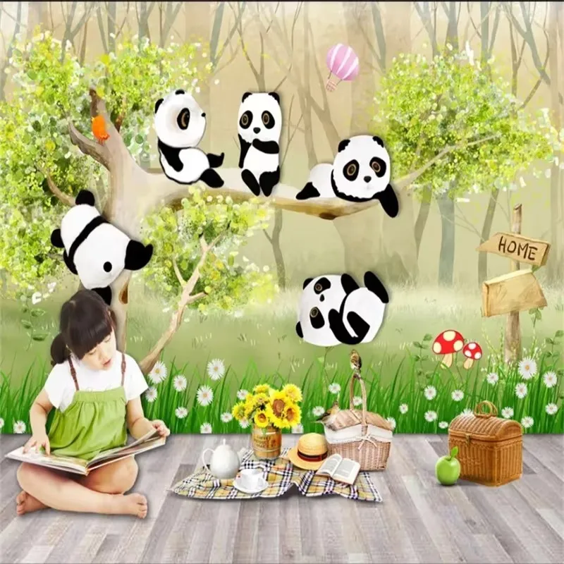 Custom wallpaper 3D mural cute cartoon hand-painted little panda children's room mural living room bedroom Hand drawn wallpapers