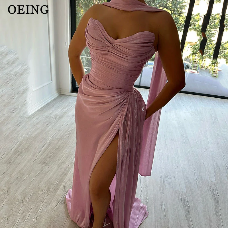 

OEING Elegant Mermaid Pink Prom Dress Sweetheart Sleeveless Side Slit Pleats Evening Dresses فساتين سهرة Customized