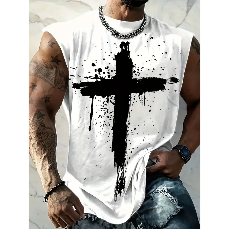 

Coconut Tree Gradient Pattern Tank Tops For Men Colorful Cross 3D Printed Tees Summer Loose Sports Round Neck Vest Street Tops
