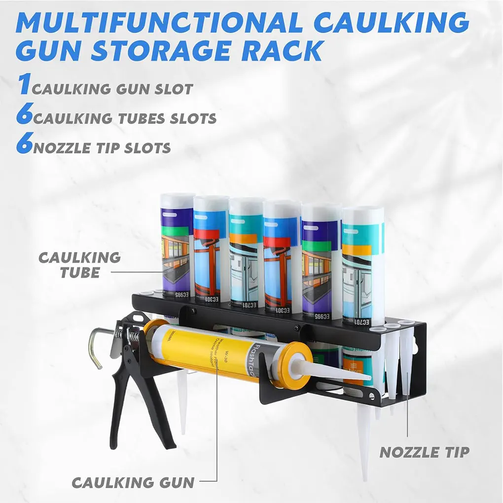 Caulking Tube and Caulking Gun Holder Caulking Gun Storage Rack for Garage Wall Mounted Holds 6 Tubes and Caulking Nozzle