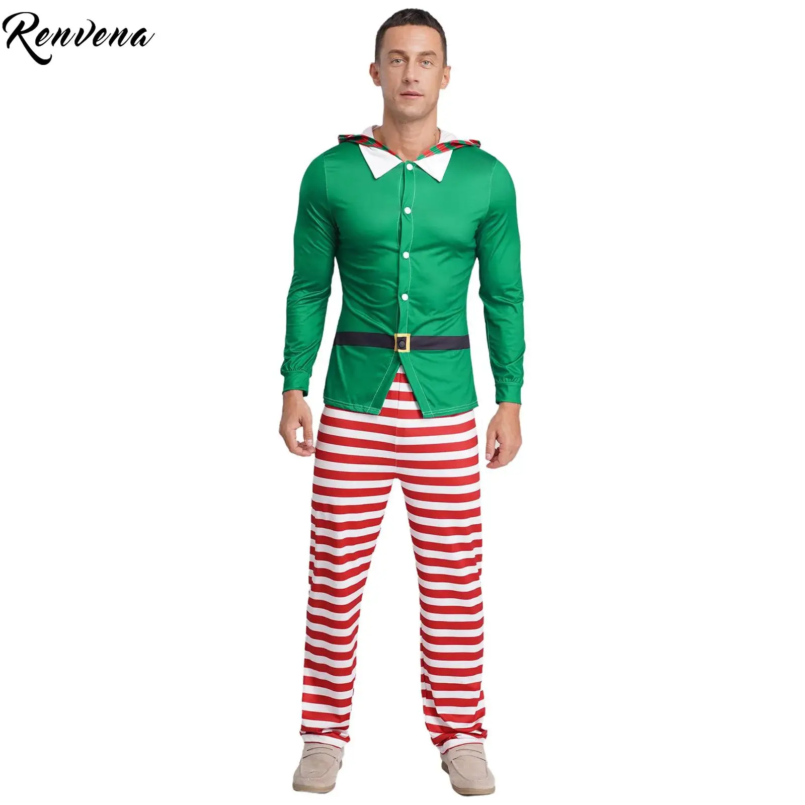 Disfraz de fiesta de elfo de Navidad para hombre, conjunto de Top con capucha de manga larga y pantalones a rayas con detalles de diseño de elfo clásico, vestido