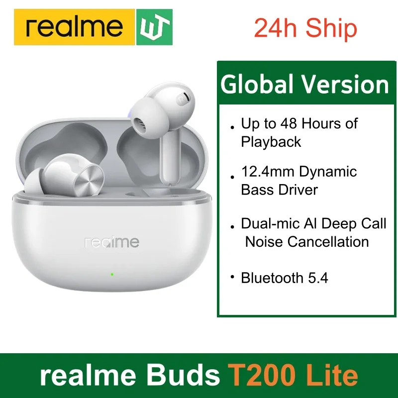   الإصدار العالمي من سماعات Realme Buds T200 Lite TWS مزودة بتقنية البلوتوث 5.4 وميكروفون مزدوج وإلغاء الضوضاء للمكالمات العميقة وتشغيل 48 ساعة