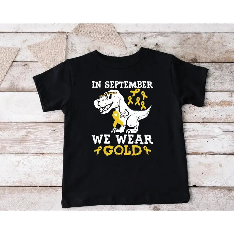 

Childhood Cancer Awareness Month T Shirt Child Fighter Rex Pediatric Support Gold Ribbon In September We Wear