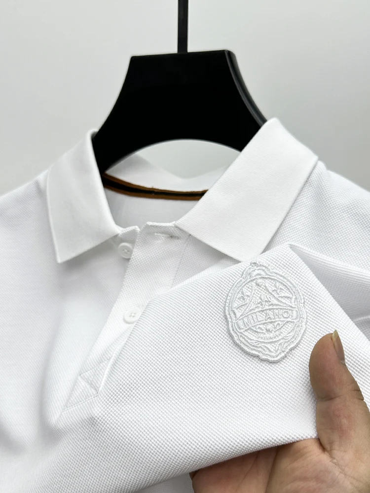 High quality luxury silk cotton Polo men\'s short sleeved lapel new classic casual designer embroidery trend Korean New top