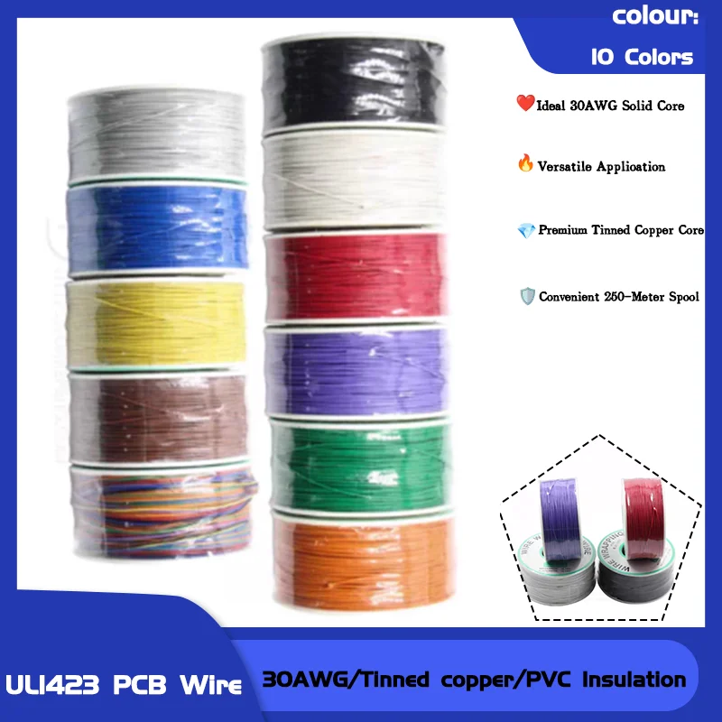 

UL1423 30AWG Hook-up Wire Tinned Copper Solid Core PVC Insulation for PCB Testing & Wire Wrapping 250 Meter Roll Accessories