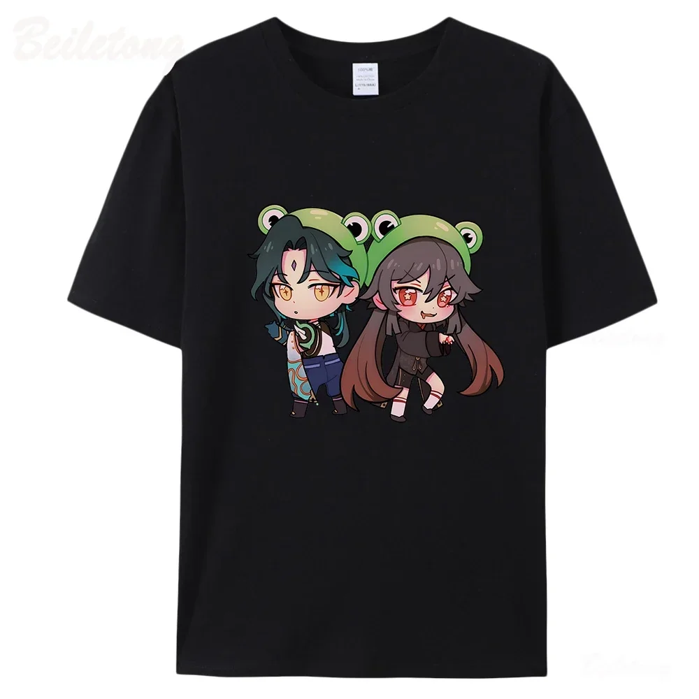 Genshin Impact T-shirt for Women Cute Hu Tao and Xiao Print Short Sleeve Tee Shirt Top Harajuku 2024 Summer Cartoon Clothing Y2k