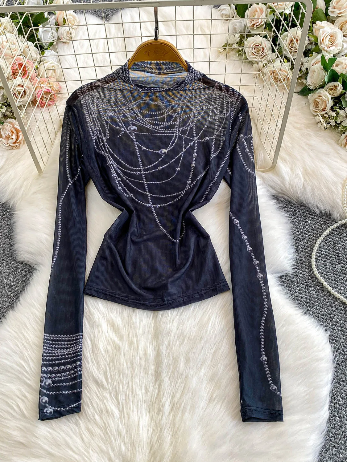 Retro Print Half High Collar T-Shirt Women's Autumn Winter Loose Thin Mesh Base Shirt Top Breathable Comfortable Long Sleeve