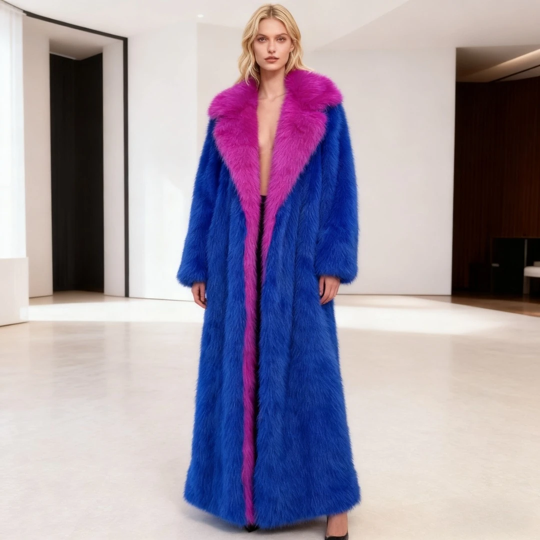 Lange Faux Pelzmantel Frauen Herbst Winter Große Jacke Mantel Y2k Pelzigen Blauen Taschen Lose Dicken Mantel Warme Jacken Maxi Mäntel