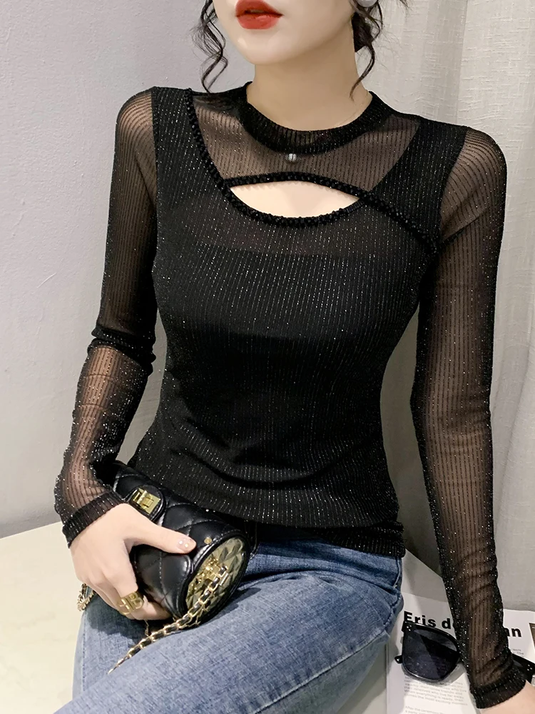 Primavera 2024 Sexy Lace T-shirt Feminino Longo Sve Faion Embelezado Base Oca irt Sli Versátil Commute Sle S...
