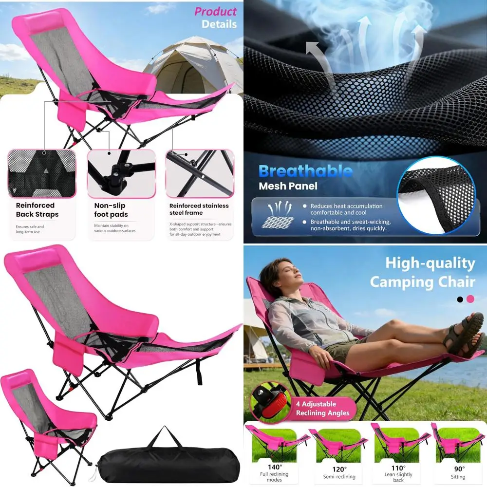 

Hot Pink Reclining Camping Chair with Footrest, Portable Folding Lounge Chair, 4-Position Adjustable Folding Camping Chair With