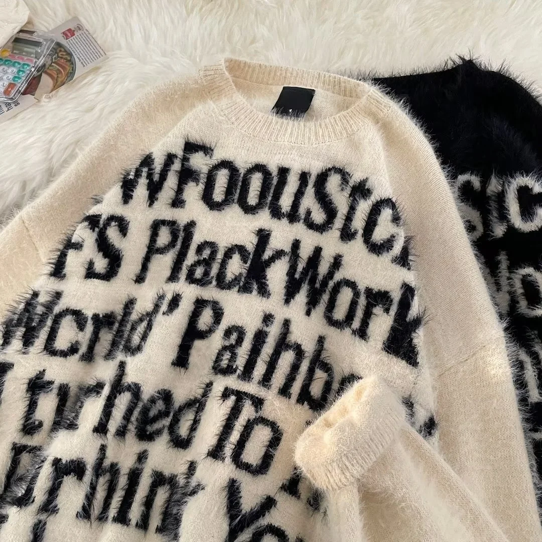 

Оверсайз свитер в американском стиле с буквенным принтом, свободный унисекс вязаный топ для осени и зимы, уличная одежда, парные свитшоты с круглым вырезом