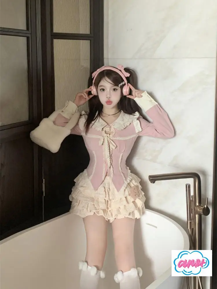 اليابانية الدوبامين ارتداء الحلو دعوى سيدة مزاجه الوردي نحيل الخصر دمية طوق كم طويل قميص أعلى الخريف الباليه كعكة تنورة