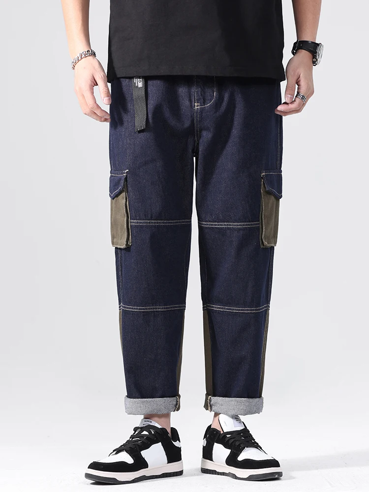 

Trendy Japanese Brand Patchwork Denim Jeans Men's Loose Straight Leg Large Size Wide Leg Workwear Multiple Pockets Casual Pants