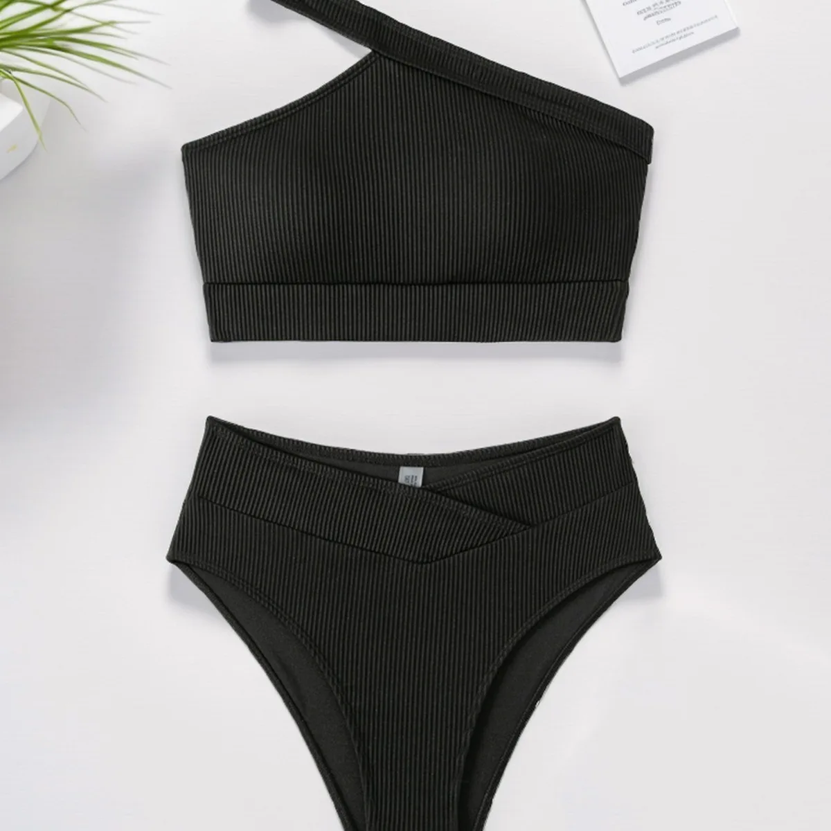 

2024 New Solid Color Pit Stripe One Shoulder High Waist Sexy Bikini Swimwear