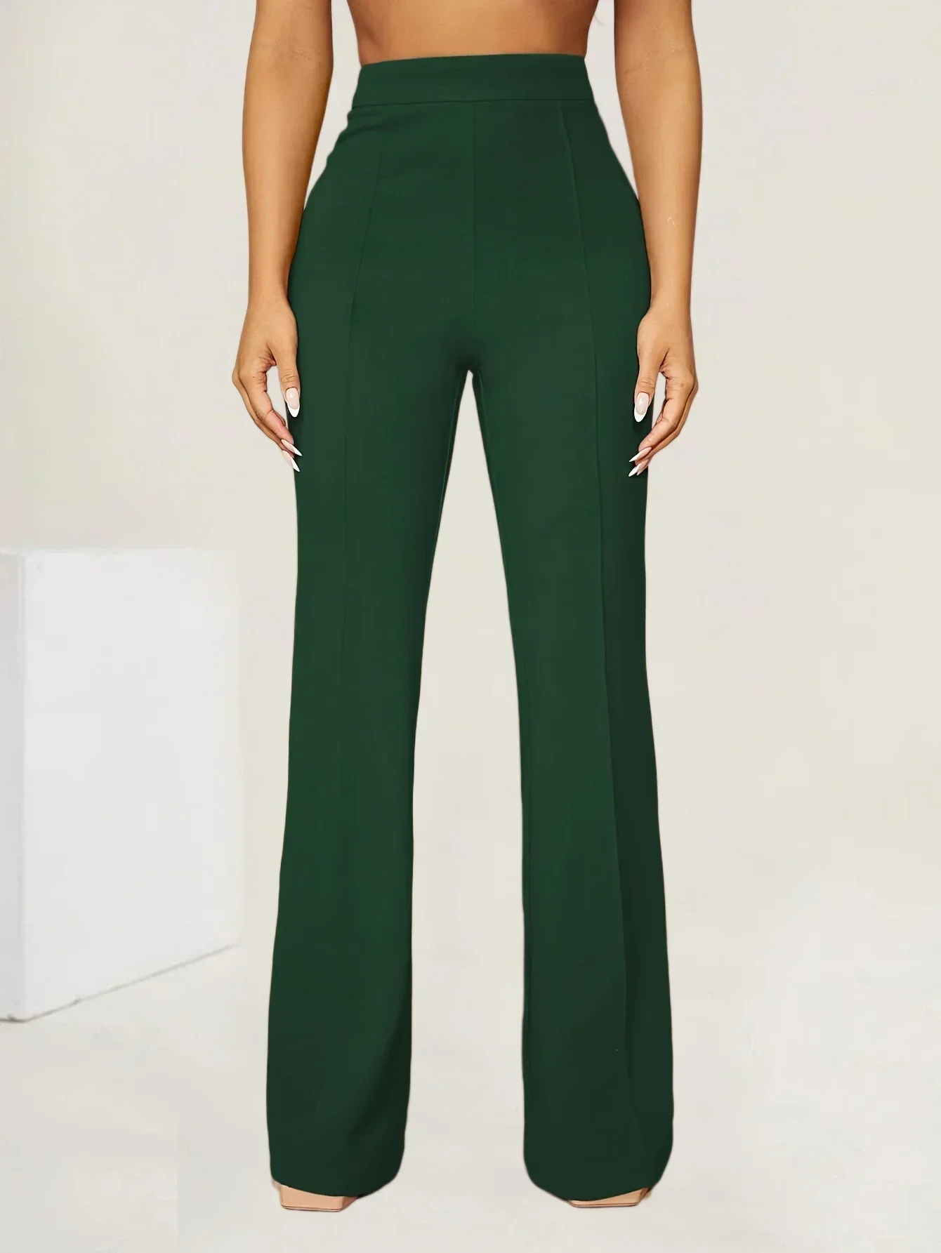 Plus Size Women Bootcut Trousers High Waist Front Center Seam Stretch Knit Flared Pants