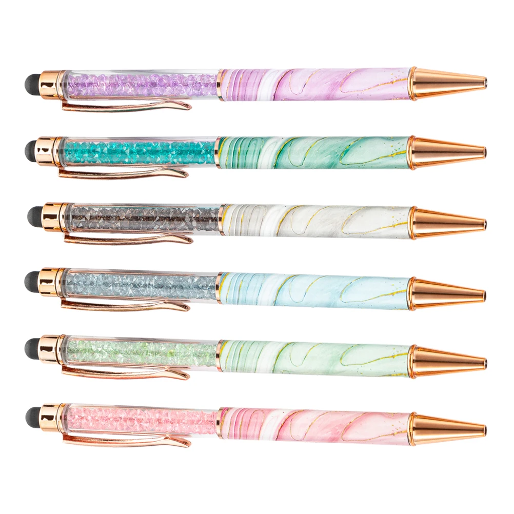 

6pcs Crystal Ballpoint Pens Multicolor Touchscreen Marble Pattern Office Gifts Decorative Writing Tools