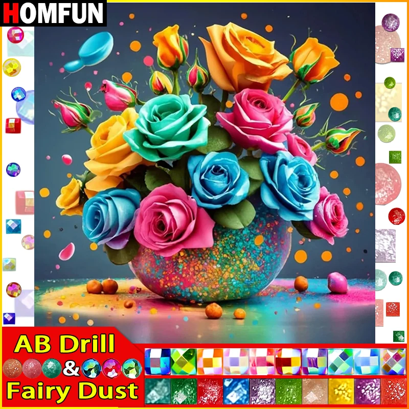 HOMFUN Fairy Dust AB Square/Round Drill 5D DIY Diamond Painting "Flower Rose" Embroidery Cross Stitch Full Rhinestone Decor