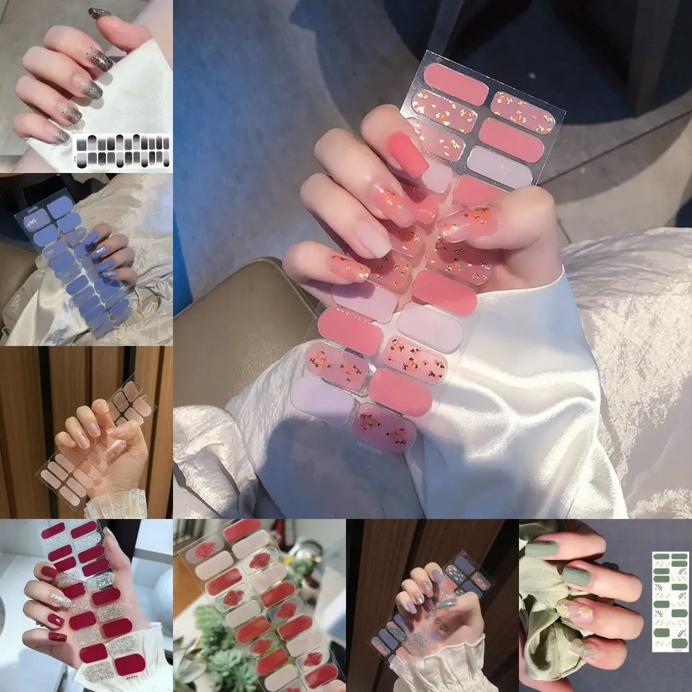 Ins na moda 22 tiras gel adesivos de unhas florista cobertura completa remendo de unhas semi curados arte do prego adesivos diy arte do prego fazendo