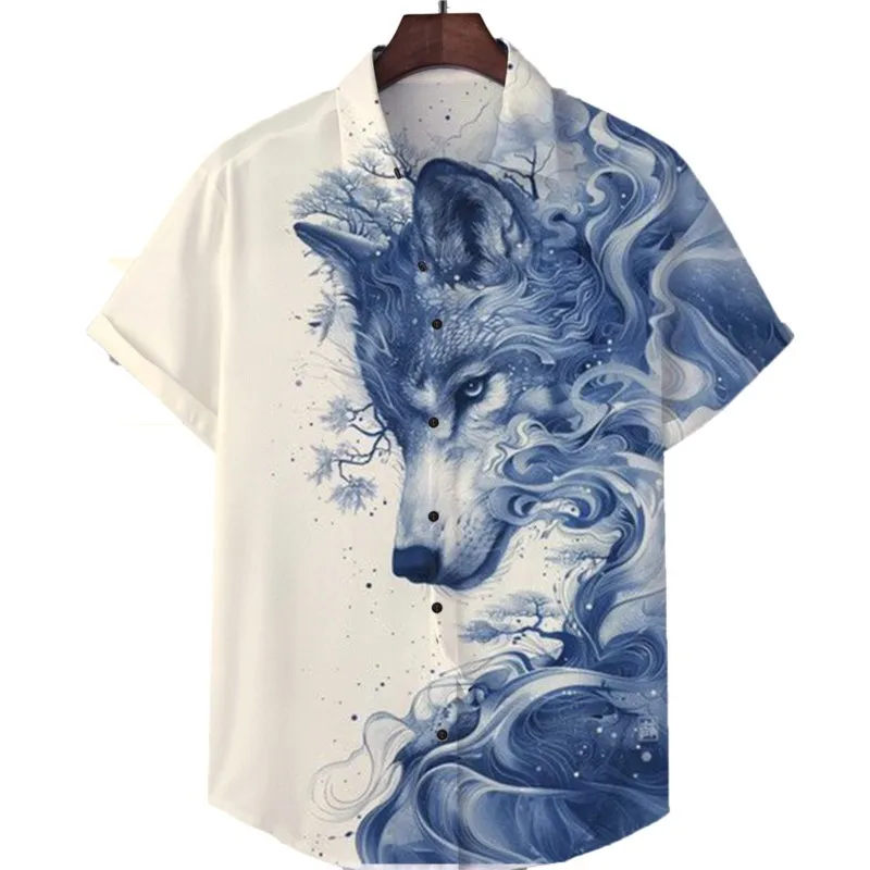 Chemise hawaïenne à motif d'art animalier pour hommes, chemise hawaïenne décontractée, chemise de rue à revers, loup rétro, parler de dragon, été, nouveau