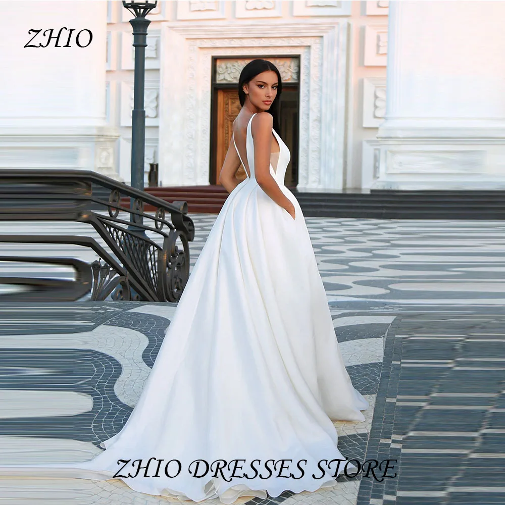

ZHIO Shiny Lace Satin Wedding Dress Sleeveless A-line Side Split Backless Bridal Dress Vestido de Novia Customized
