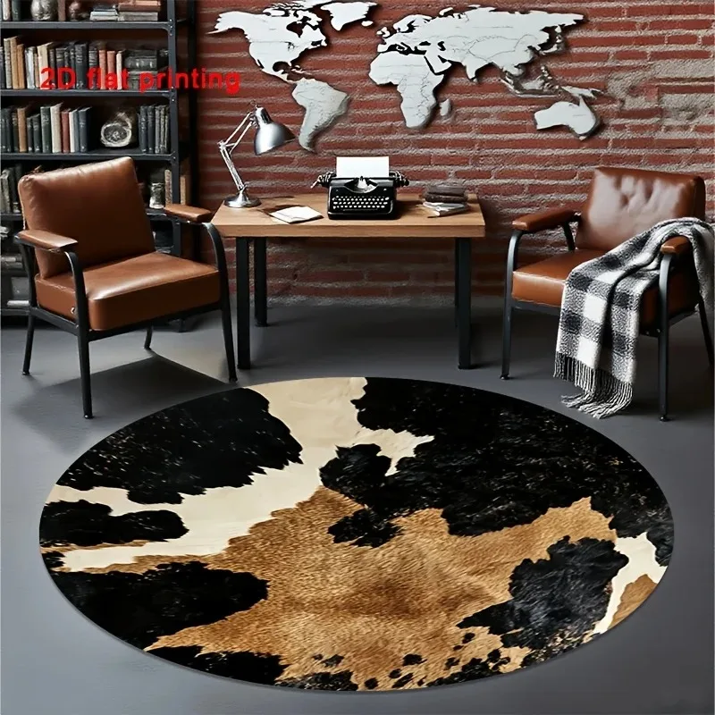 Western Faux Cow Hide Round Rug Floor Carpet Retro Black Brown Cowhide Skin Pattern Mat for Sofa Side Indoor Home Decoration