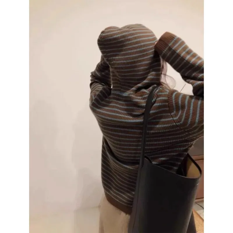 

Vintage Knitted Hoodie Women's Loose Fit Soft Cozy Autumn Winter Outerwear Korean Sle Long Sve Stripe Patterned Sweater ...