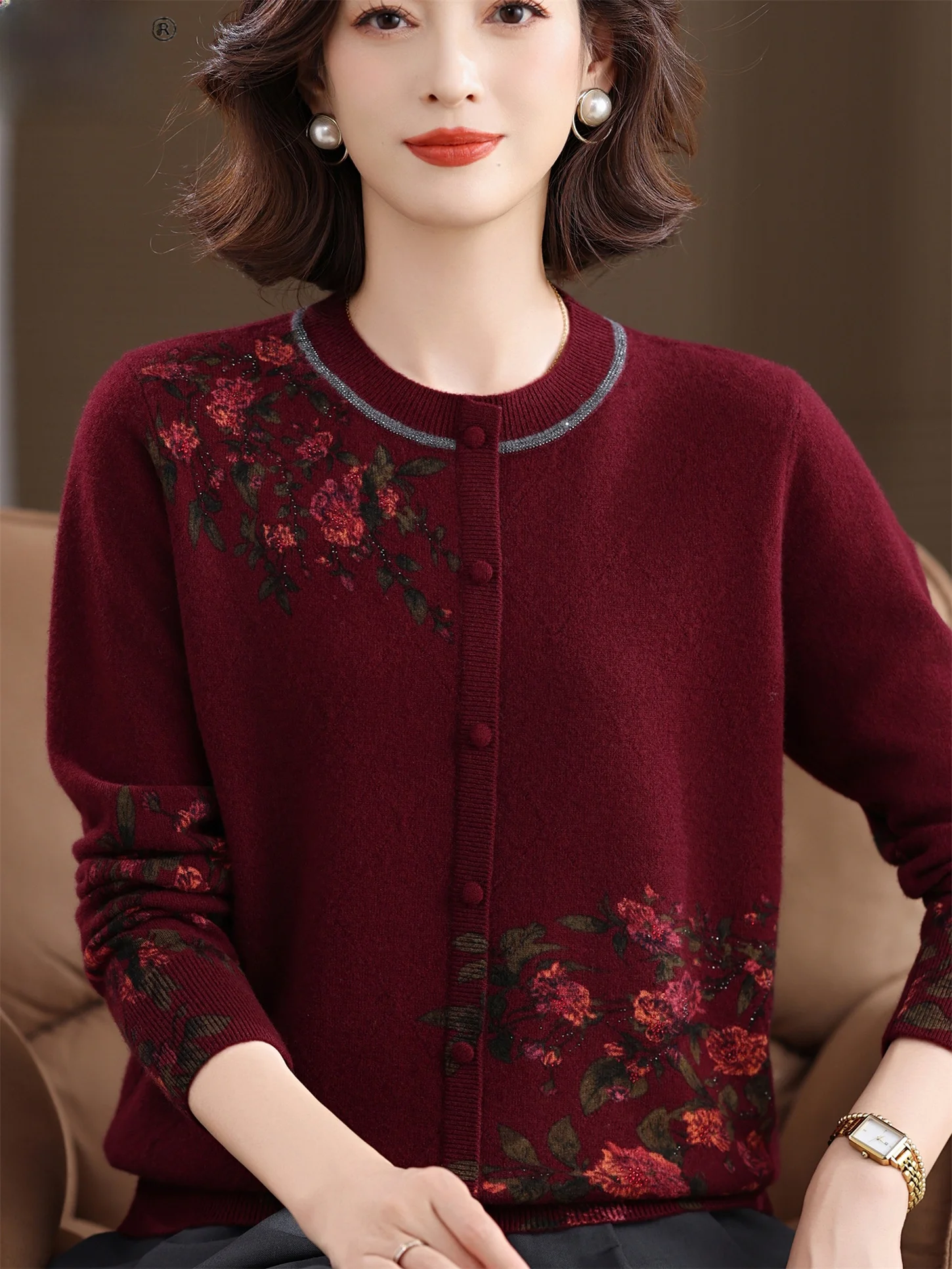 

Autumn Winter New Sle 00 Pure Wool Sweater round Ne Printed Base Layer Mommy's Faionable Clothing for Middle-Aged And ...