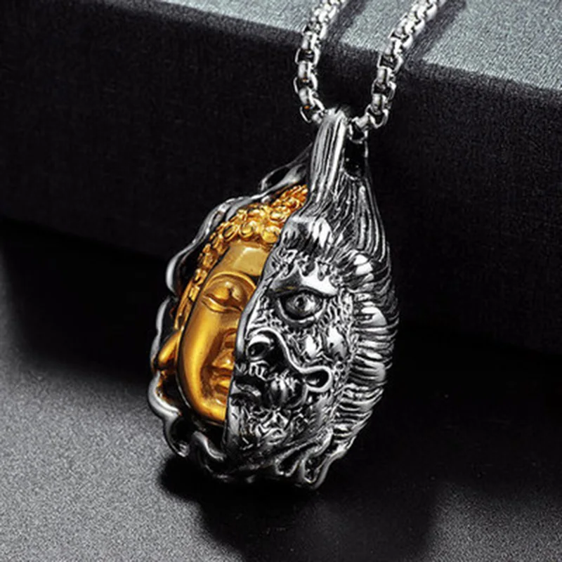 New Men Necklace Gothic Buddha Demon Pendant Collar 21 Inches Hiphop Rock Colar Cuban Chain Link Neck Necklace Boyfriend Gift