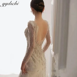 Customized Luxury Sequin Backless V-Neck Full Sleeves Wedding Dresses For Woman 2024 Sweep Train Bridal Gowns vestidos de novia