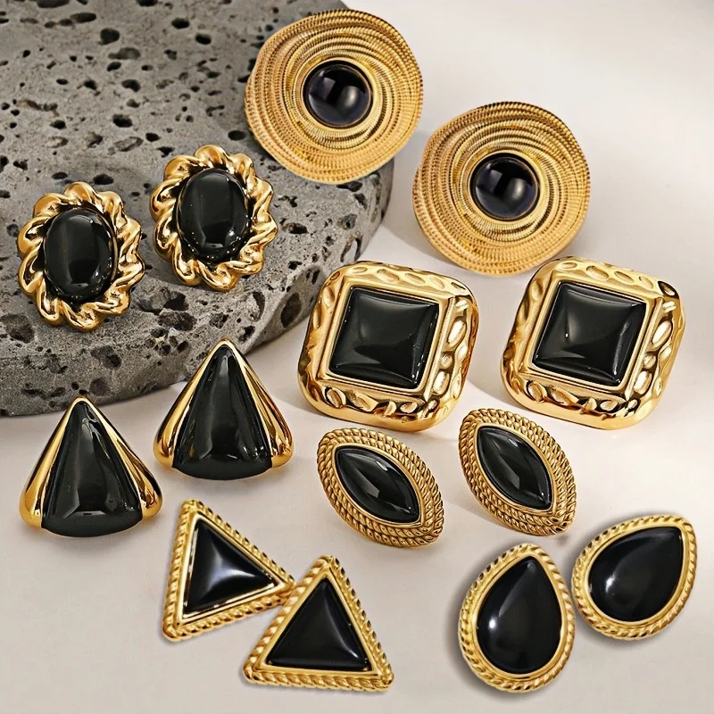 أقراط بيان الحجر الأسود من الفولاذ المقاوم للصدأ عيار 18 قيراط مطلية بالذهب PVD للنساء هدية بيجو فام - مجوهرات معدنية ذهبية #1