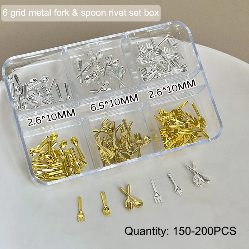 6グリッド/ボックス入りミックスゴールドシルバーミニフォークスプーン食器合金ネイルアートラインストーンデコレーションマニキュアキュアチャームアクセサリー