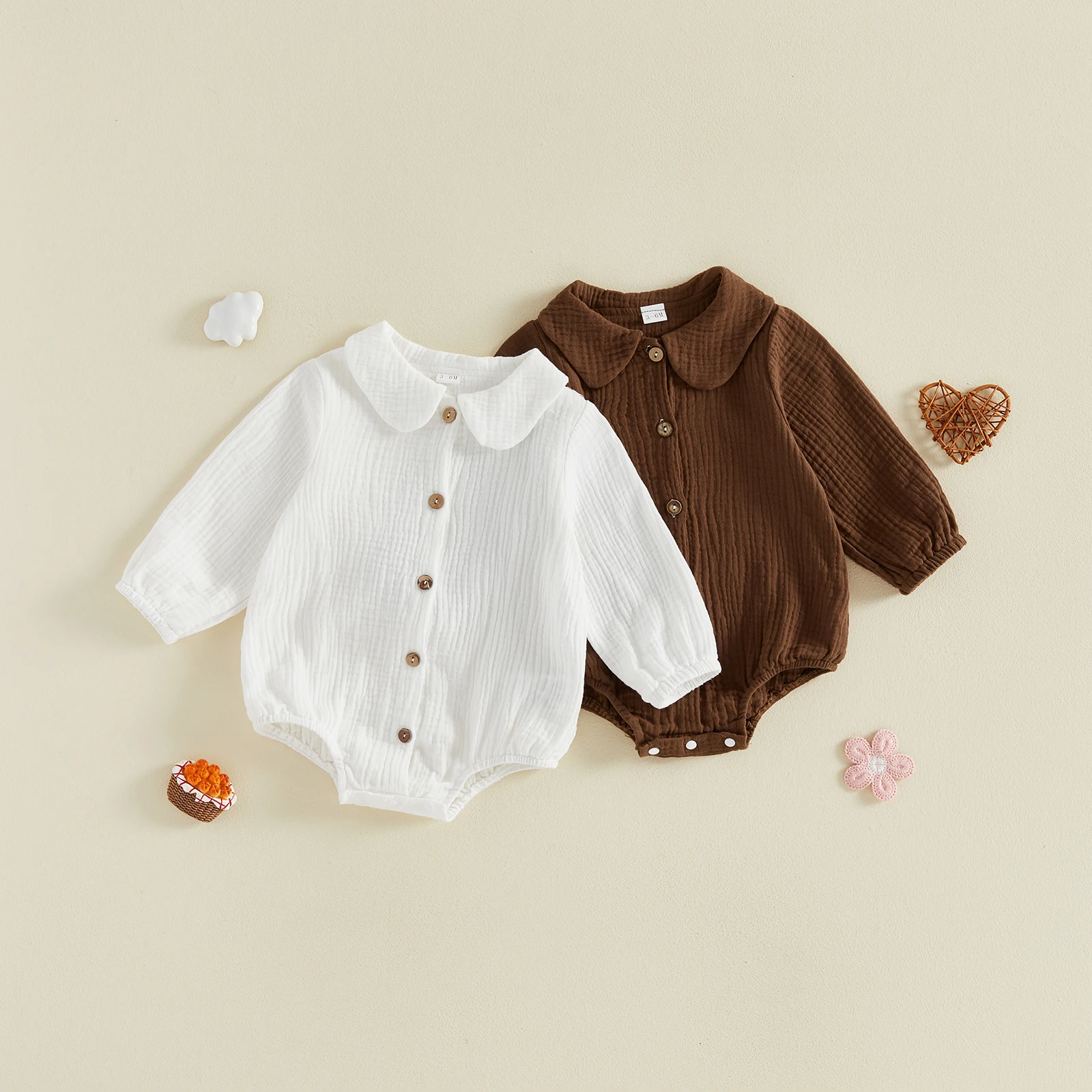 2027 Early Autumn Toddler Baby Solid-Color Cotton-Linen Collared Single-Breasted Jumpsuit Long-Sleeve Loose-Fit Casual Rompers