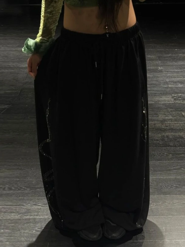HOUZHOU Vintage Casual Rhinestone Pants Women Gray Baggy Hip Hop Harajuku Oversized Trousers Black Retro Wide Leg Sweatpants