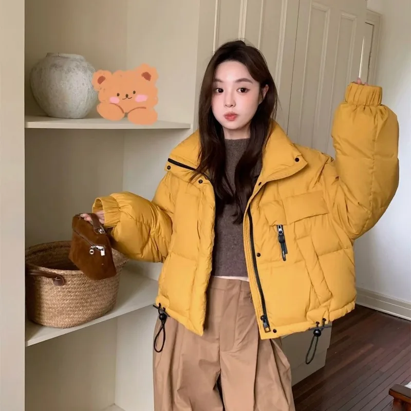 الشتاء الأبيض بطة أسفل سترة منتفخة للنساء الدافئة الوقوف طوق قصيرة أسفل معطف طويل الأكمام أعلى الرباط أسفل سترة النساء #5