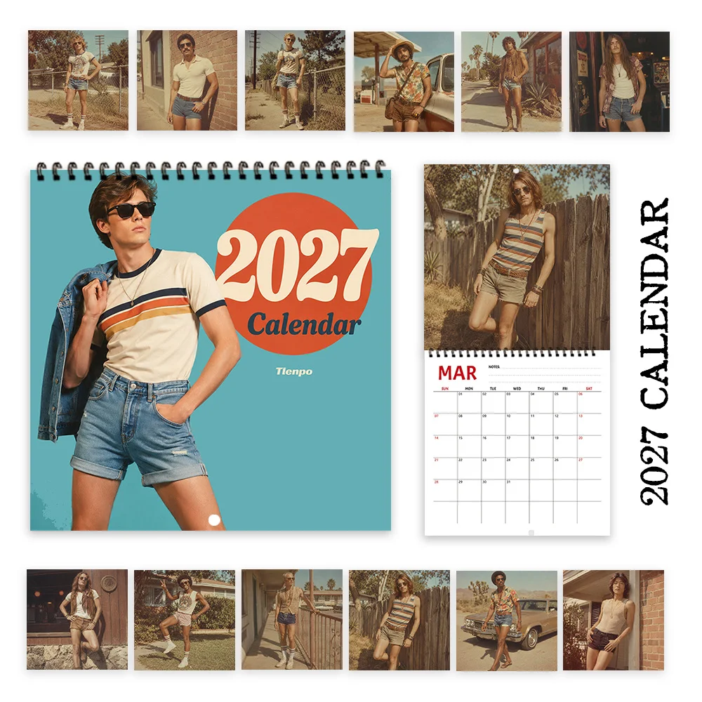 1pc 2027 American Retro Outfit Wall Calendar,12‑Month Planner,Gift for Back‑to‑School,Christmas,,New Year,Free Stickers Included