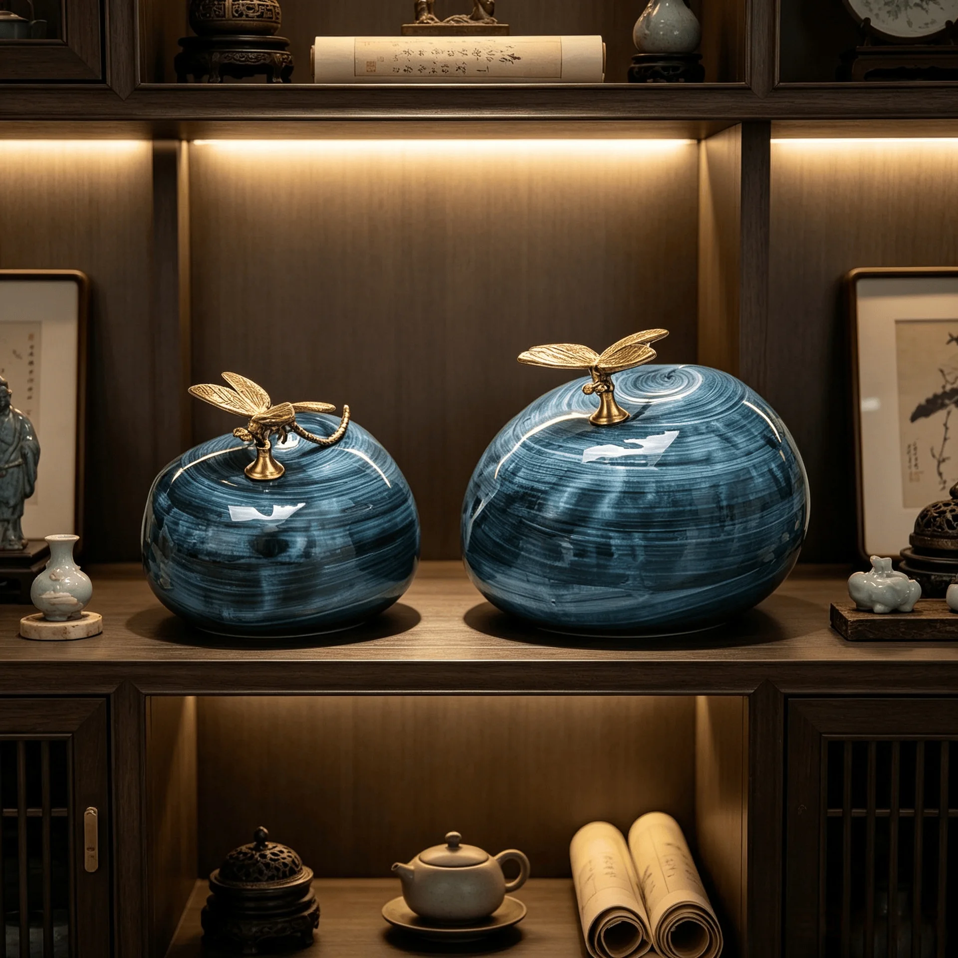 Zen ceramic dragonfly blue glaze landscape pattern stone ornament living room entrance model room light