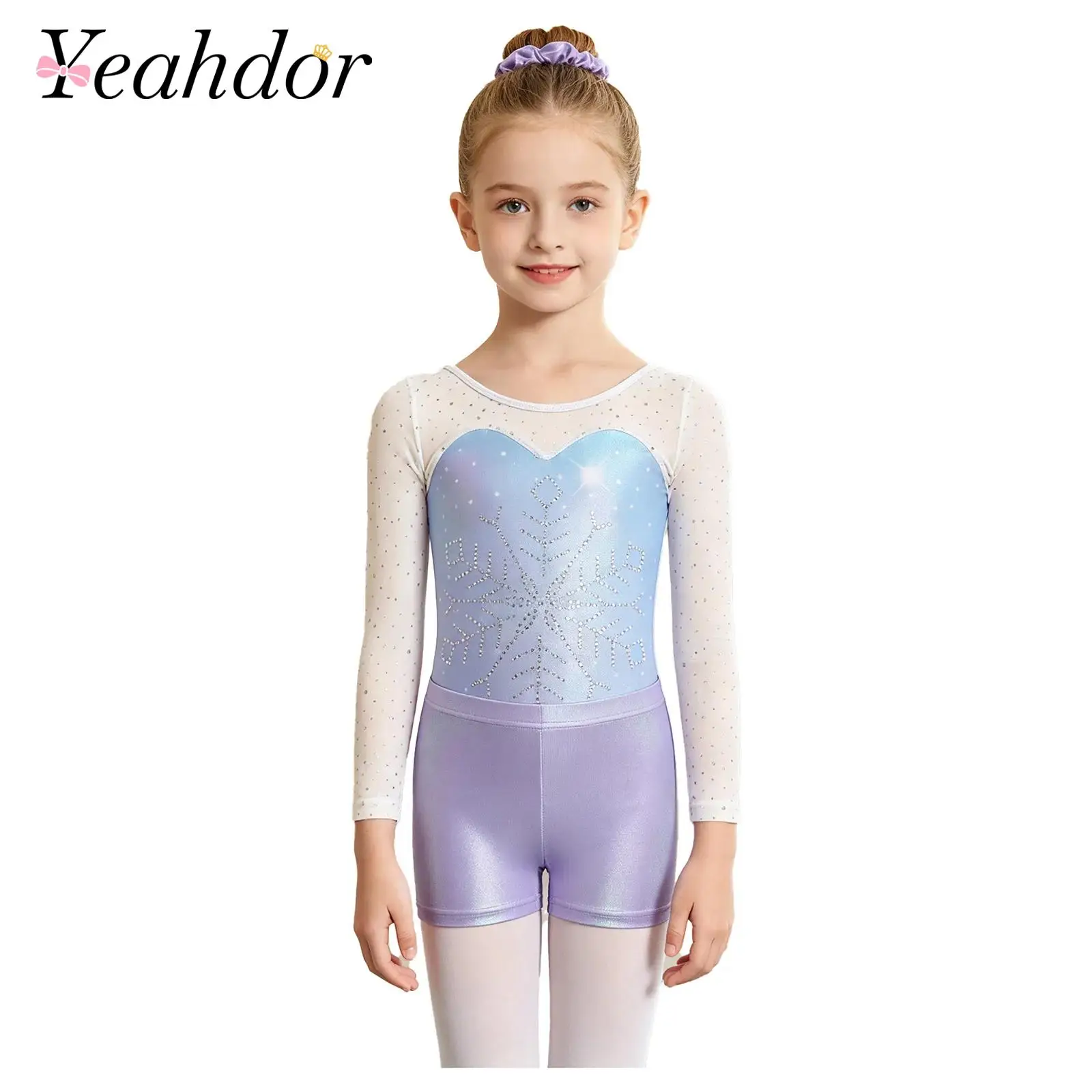 Kids Girls Rhinestone Snowflake Gymnastics Dance Outfit Long-sleeve Mesh Patchwork Shiny Sequin Metallic Leotard with Shots