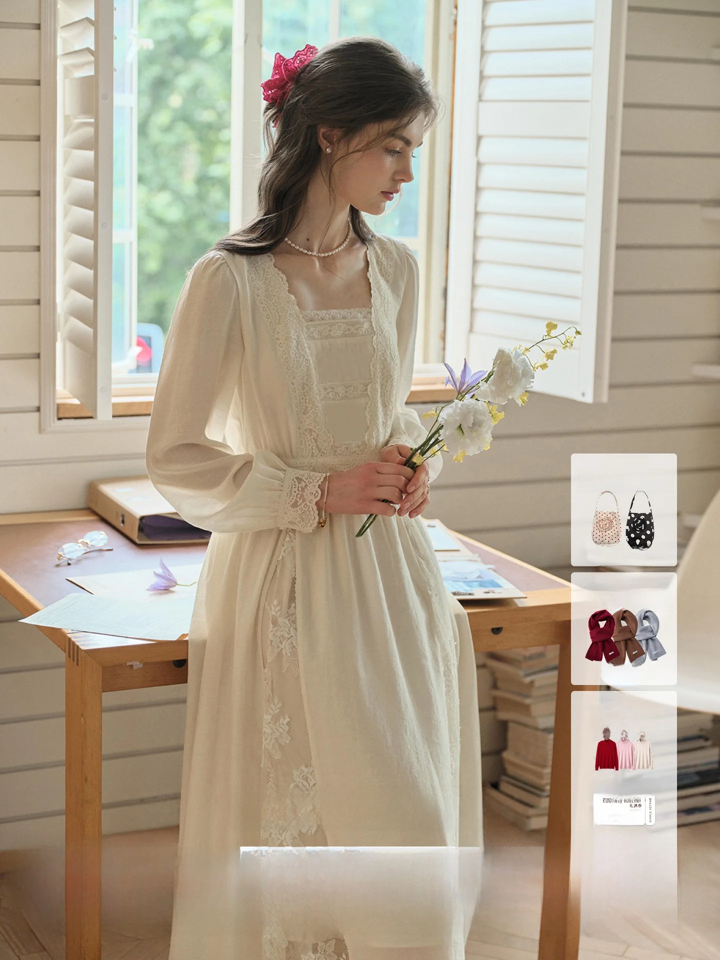 SimpleRetro French Style Long Sleeve A-Line Dress Women's Waist-Cinching Lace Trim Square Collar Dress Garden Theme