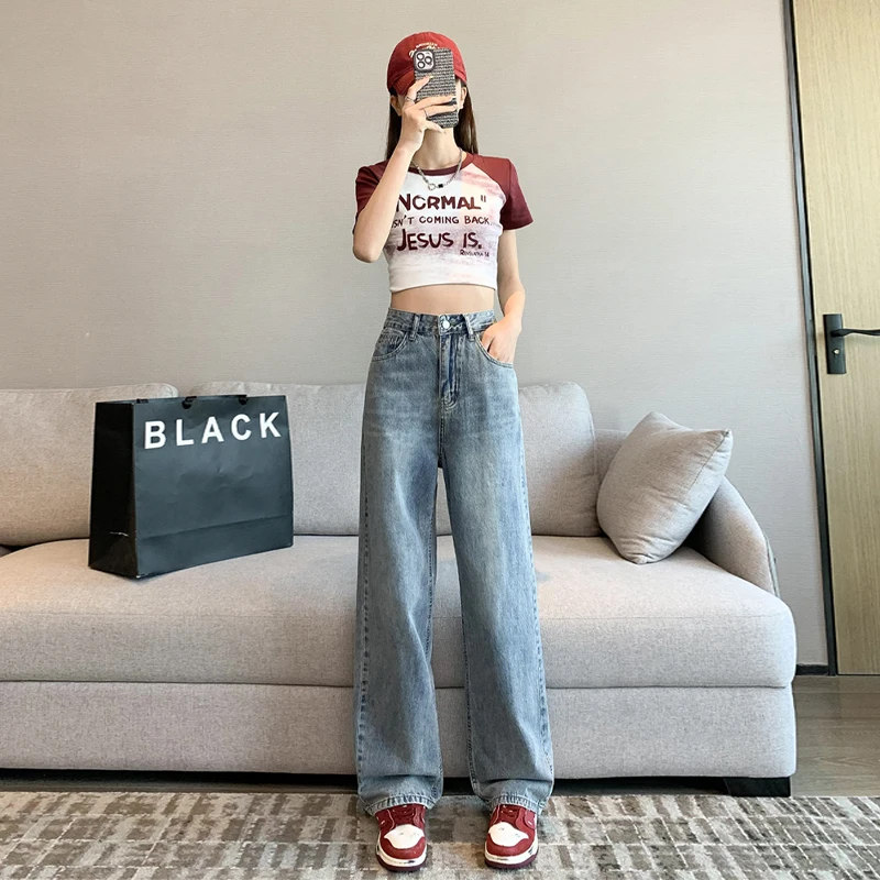 2024 New Soft  Women's Jeans Korean Fashion Design Feel Water Washed Jeans Thin High Waist Straight Loose Womens Baggy Jeans