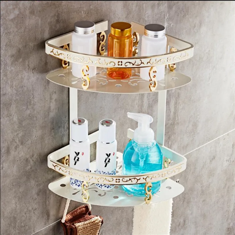 Wall Mounted Bathroom Shelf Gold White Aluminum Bathroom Shelf  Corner Shower Shelf Bathroom Accessories Art Carved