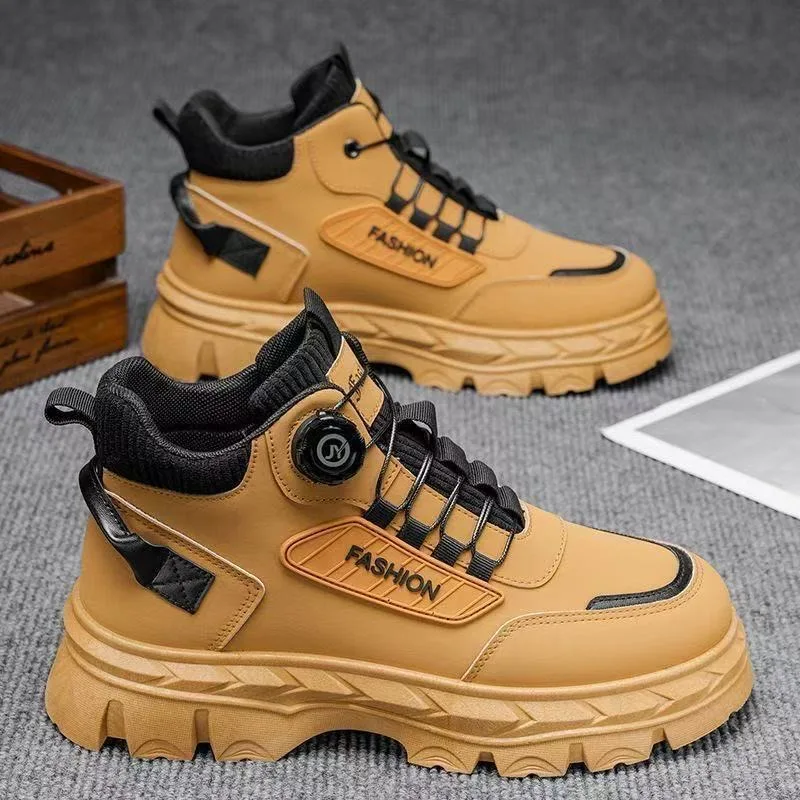 2025 botas altas de pelúcia de inverno para homens, sapatos de trabalho retrô estilo britânico, botas curtas quentes de sola grossa da moda