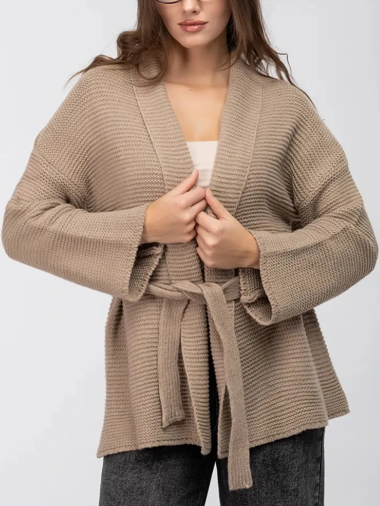 

2025 Autumn and Winter Knitted Cardigan V-neck Loose Sweaters for Women Leisure Solid Korean Fashion Lace-up Cardigan Women