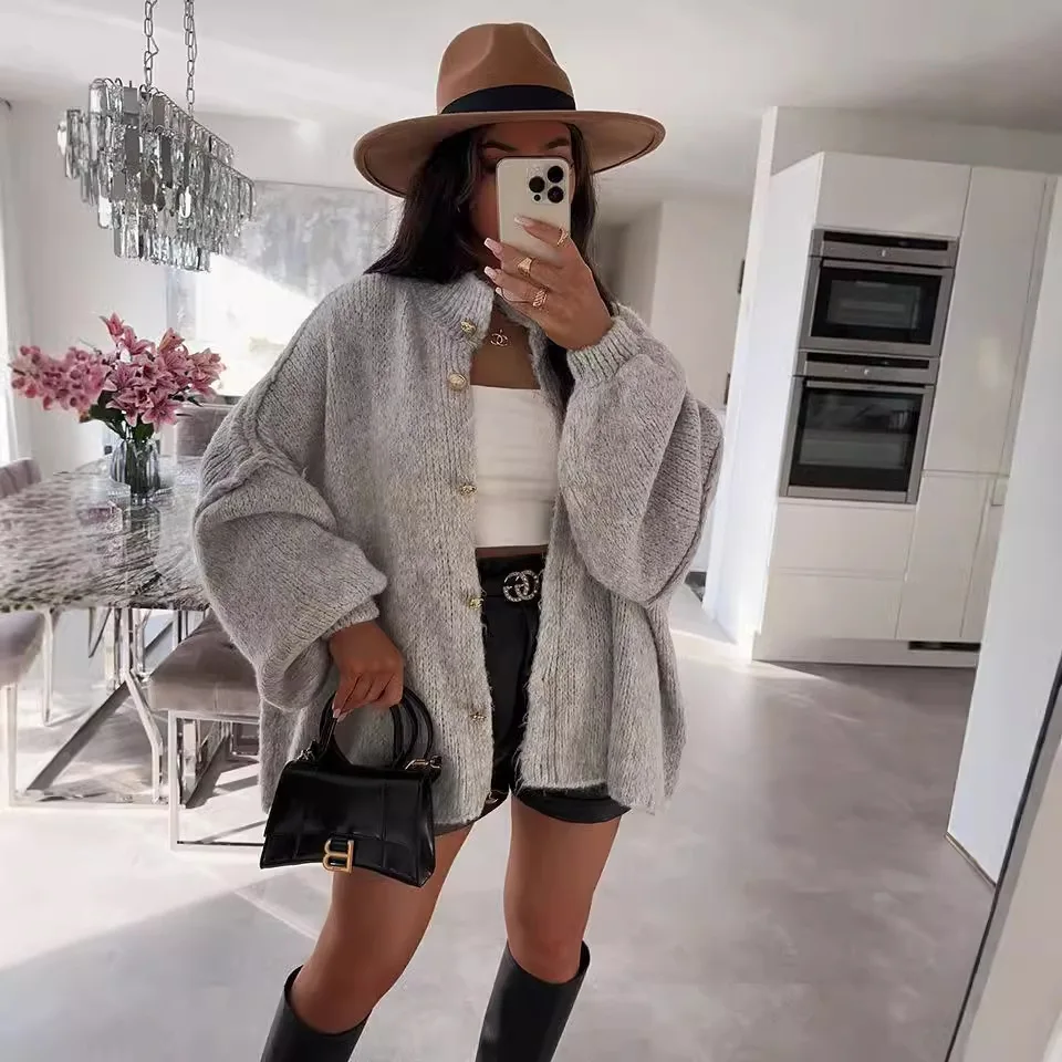 

2025 new fashion button bat sleeve cardigan women autumn casual loose solid color round neck knitted jacket for women
