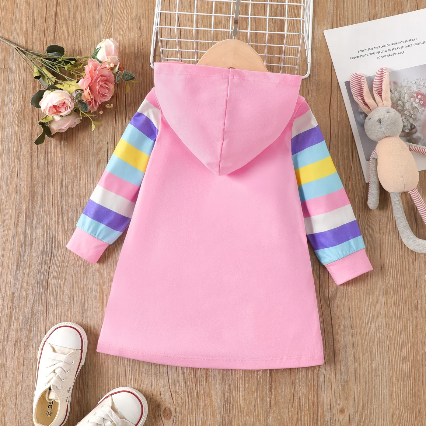 PatPat Toddler Girl Sweet Cat Animal Design Hooded Stripe Long Sleeve  Dress Perfect for Outings and Daily Wear Basic Style